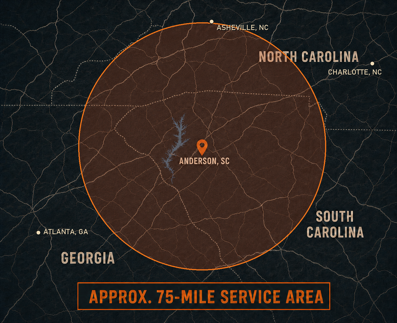 Approximate 75-mile service area centered on Anderson, South Carolina, with coordinate-based locations for Atlanta, Charlotte, and Asheville